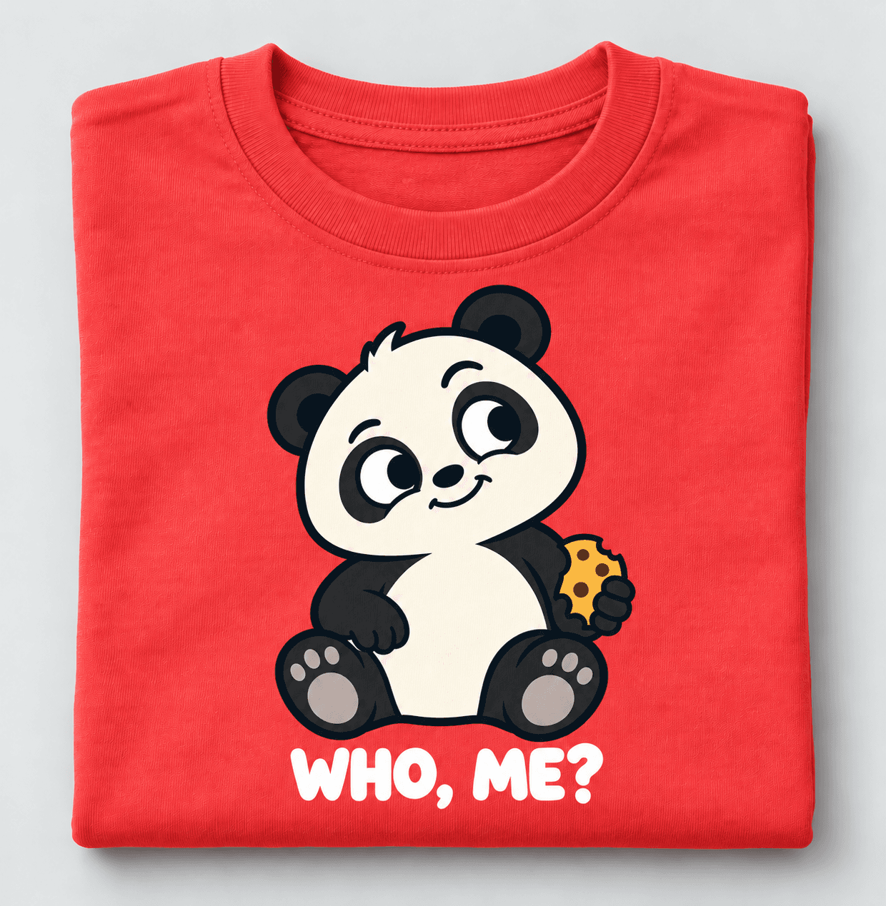 Folded red kids tee with a cartoon panda holding a cookie and the words Who, me?